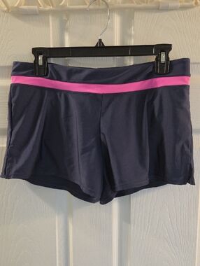 ZeroXposur Navy Bathing Suit Shorts with Pink Waistband Accent